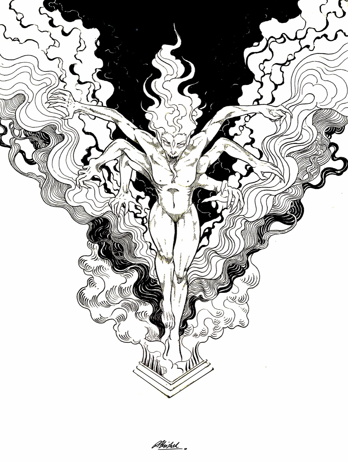 A horned, clawed figure rises from a pedestal in swirling pen-and-ink smoke, arms outstretched