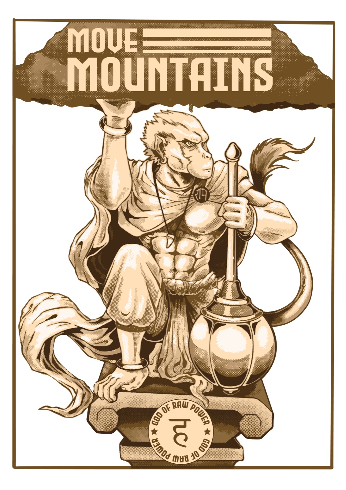 A muscular monkey-god seated on a pedestal, one arm raised overhead, holding a mace-lantern, beneath torn banner text reading Move Mountains