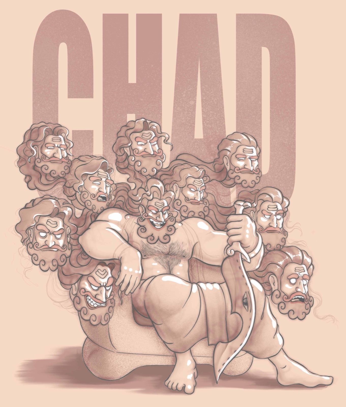 Ten-headed Ravana gripping a sword, with the word CHAD lettered behind him