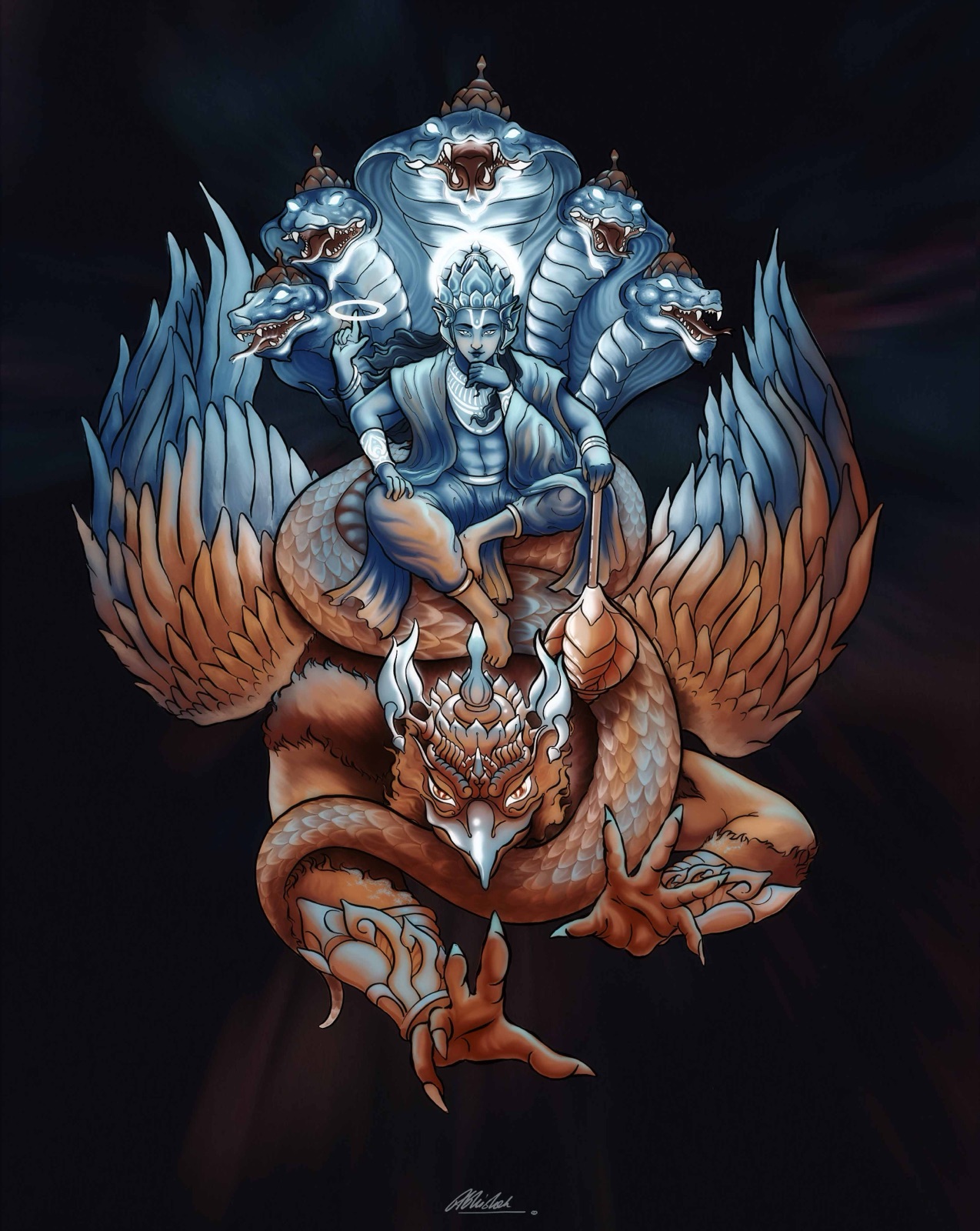 A blue-skinned deity seated on Garuda, the mythical eagle, flanked by five serpent heads