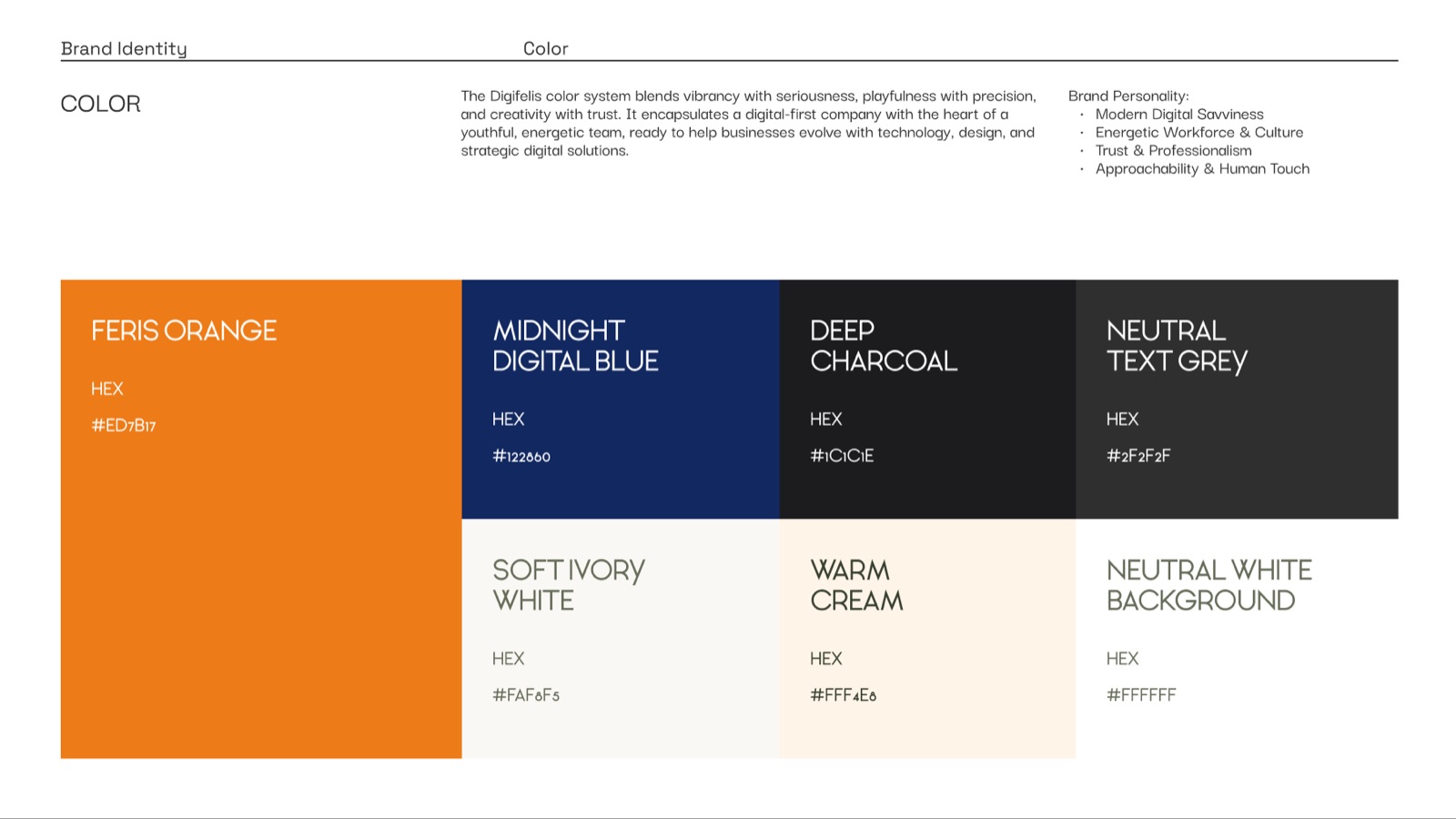 Digifelis colour system board with hex and Pantone references