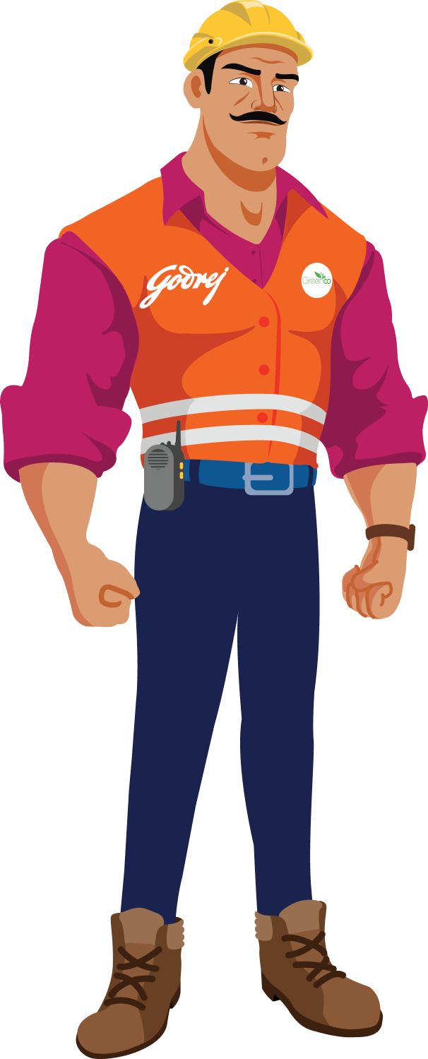Final vectorised Mr. TUFF in a maroon shirt and orange vest with a GreenCo sustainability badge, ready for animation