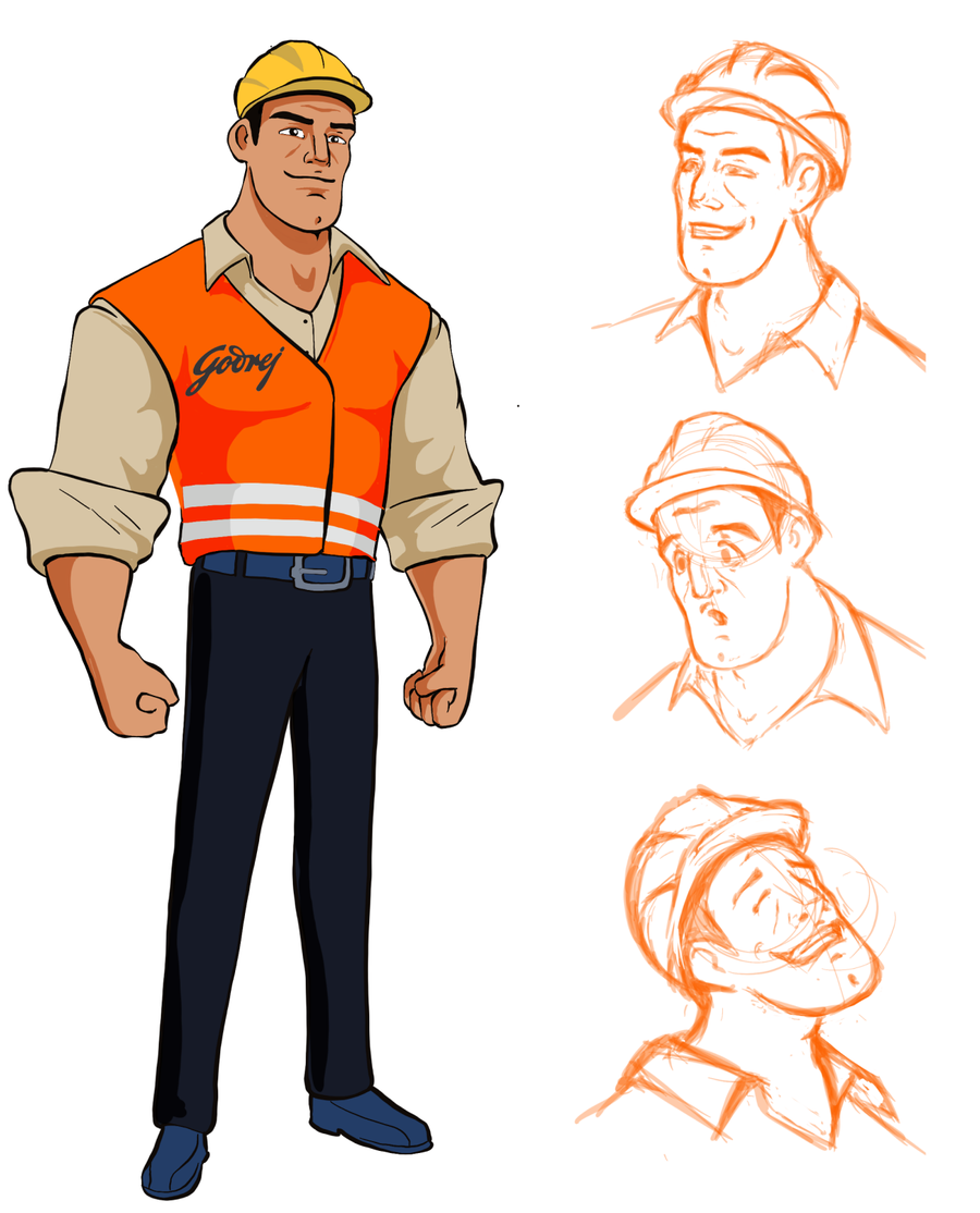 Final Mr. TUFF character portrait in an orange Godrej safety vest, with three expression sketches alongside