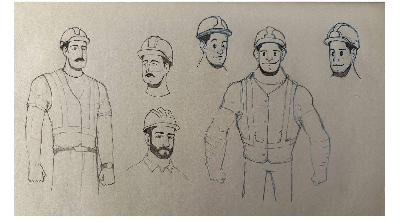 Pencil and digital sketches exploring the character silhouette, face and proportions