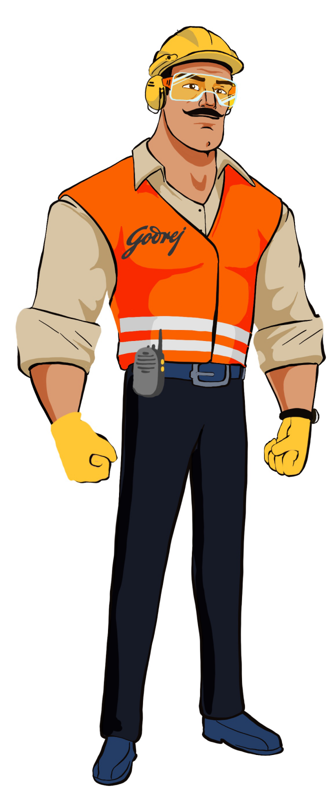 Draft of Mr. TUFF wearing safety goggles and ear protection, later removed