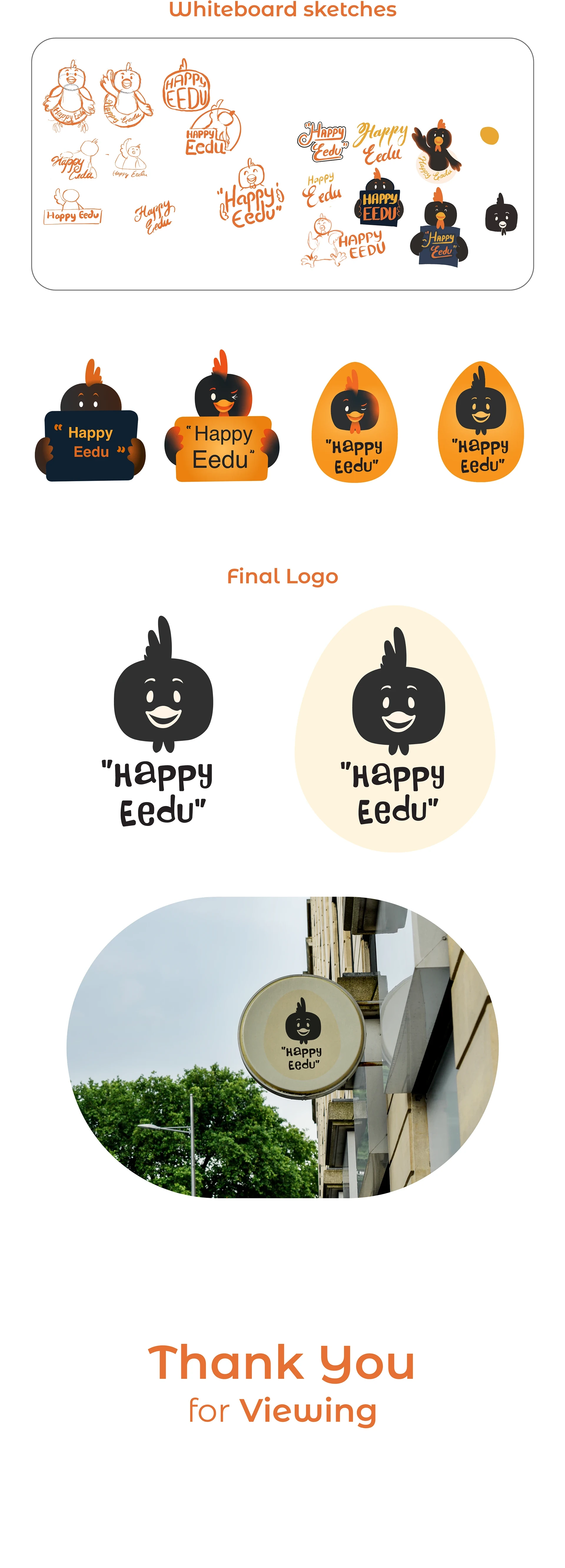 Brand identity board: whiteboard sketches, logo routes, final logo and a signage mockup