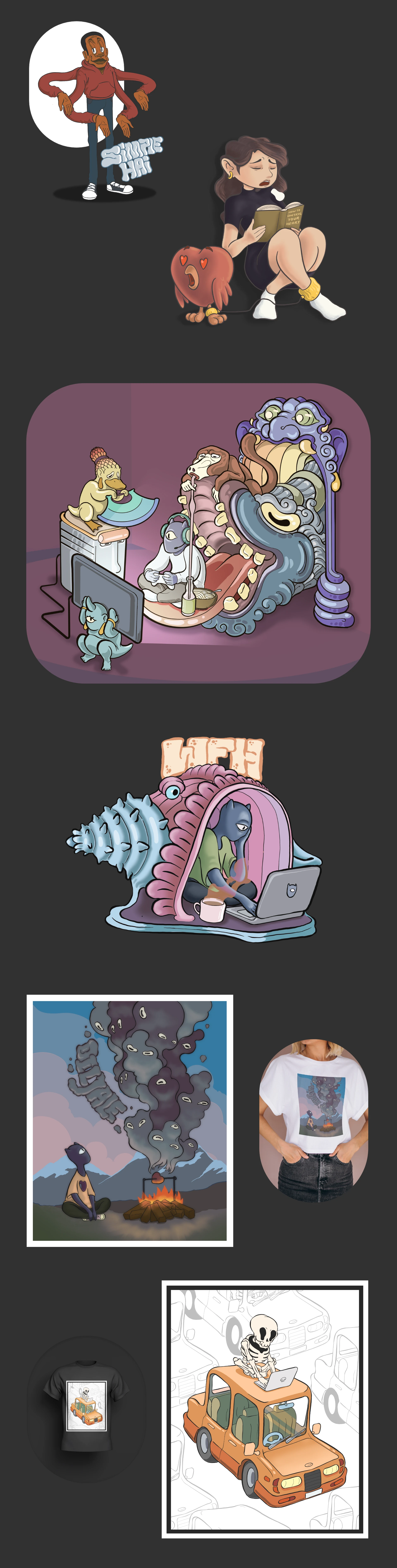 Board of illustrated scenes, including a snail-shell home office, shown as framed prints and shirts