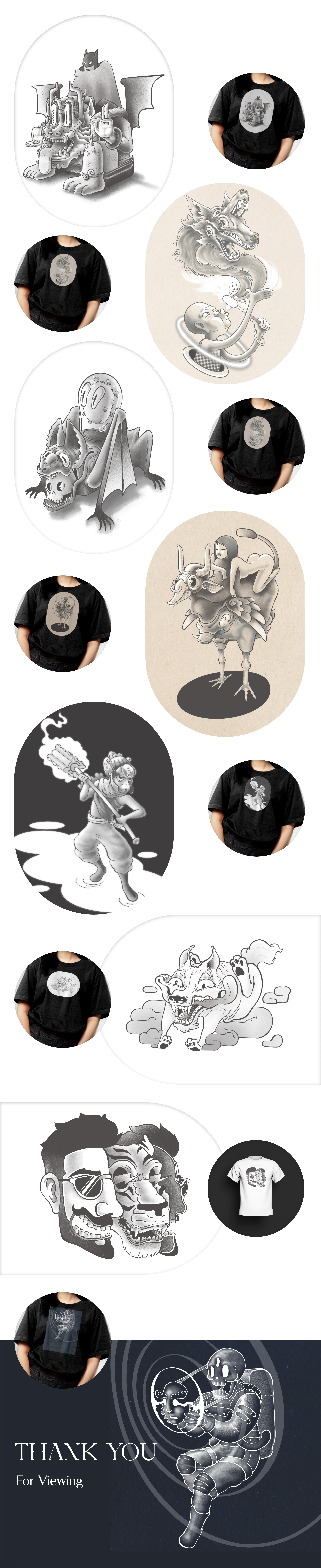 Board of monochrome line-art illustrations and their apparel applications