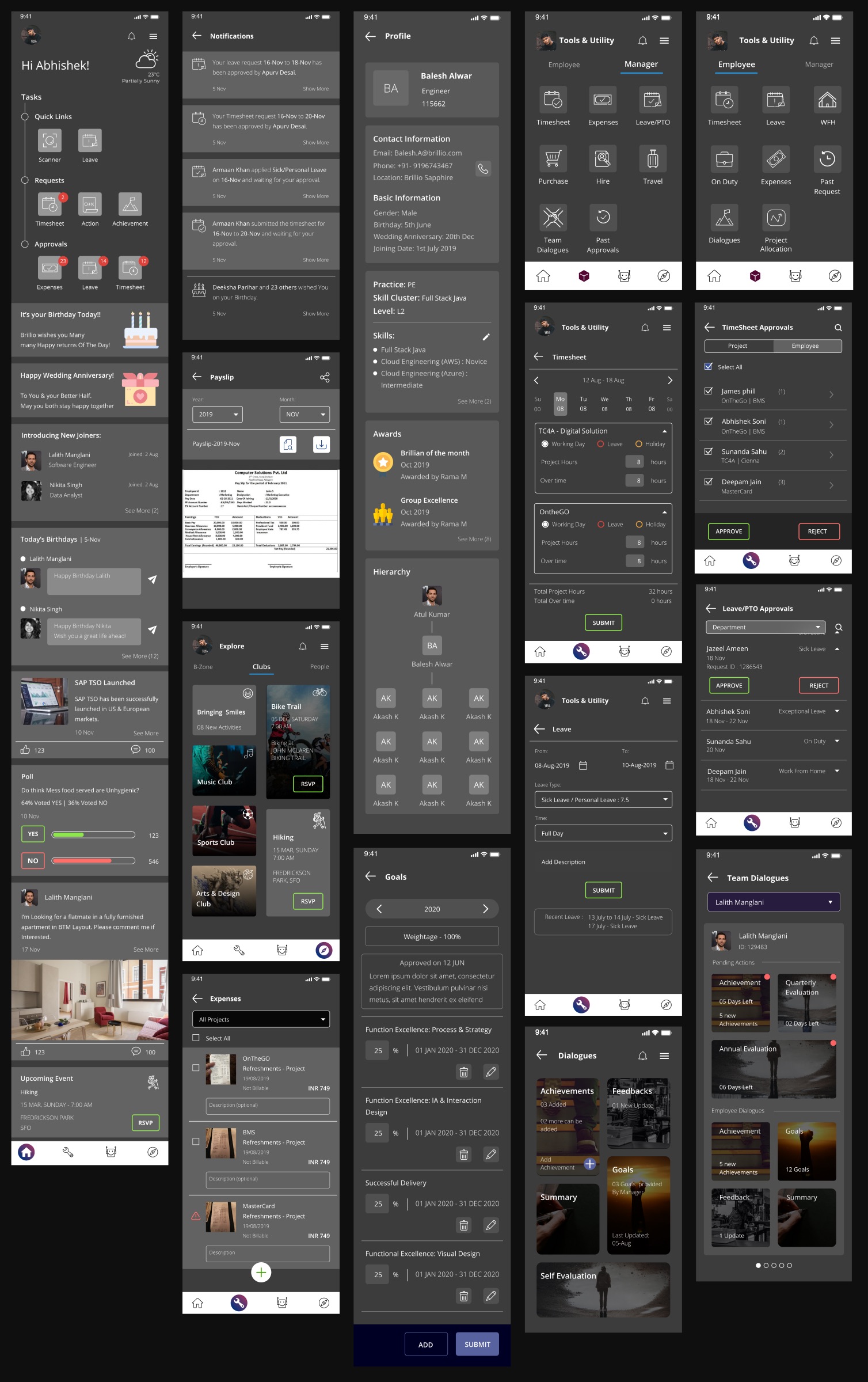 Grid of final In The Loop app screens