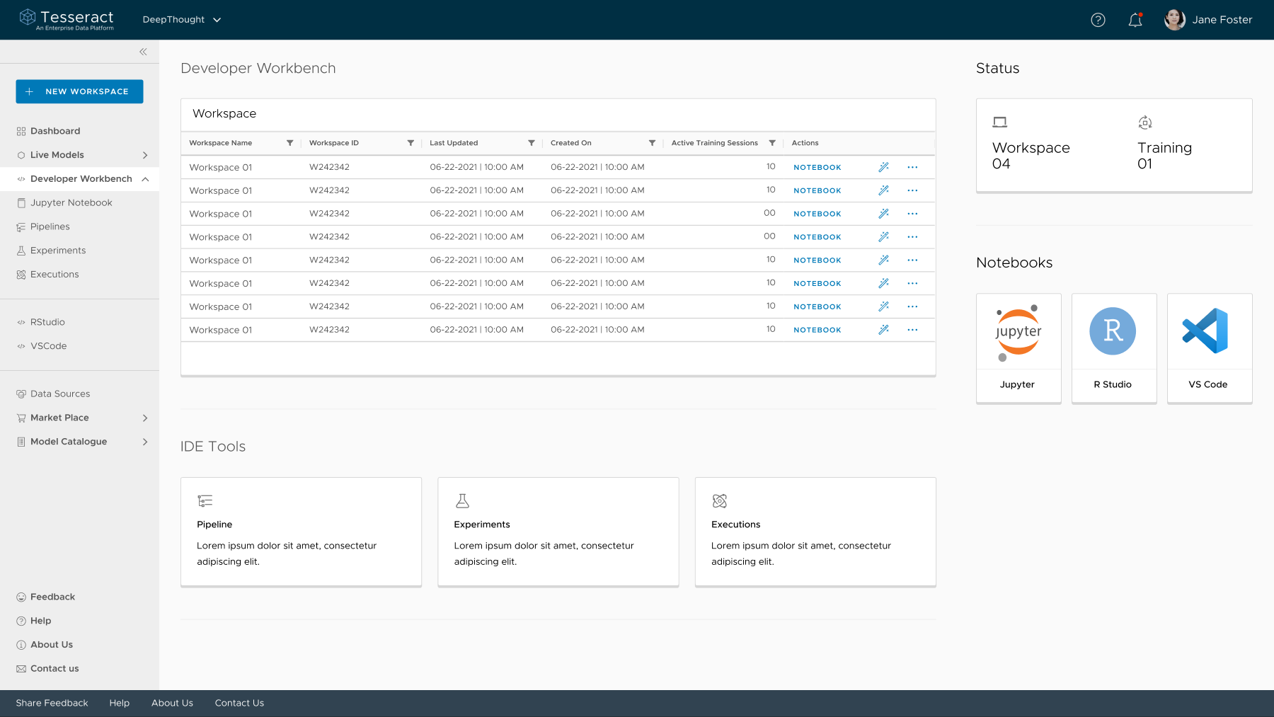 DeepThought Developer Workbench, listing workspaces alongside Jupyter, R Studio and VS Code notebook shortcuts