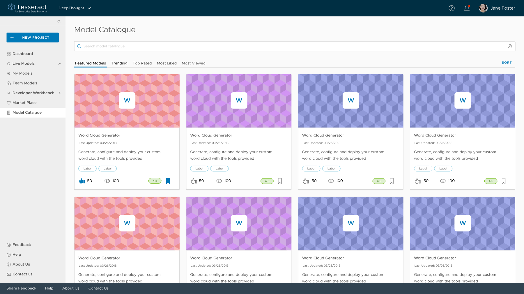 DeepThought Model Catalogue, a grid of featured models with ratings and view counts