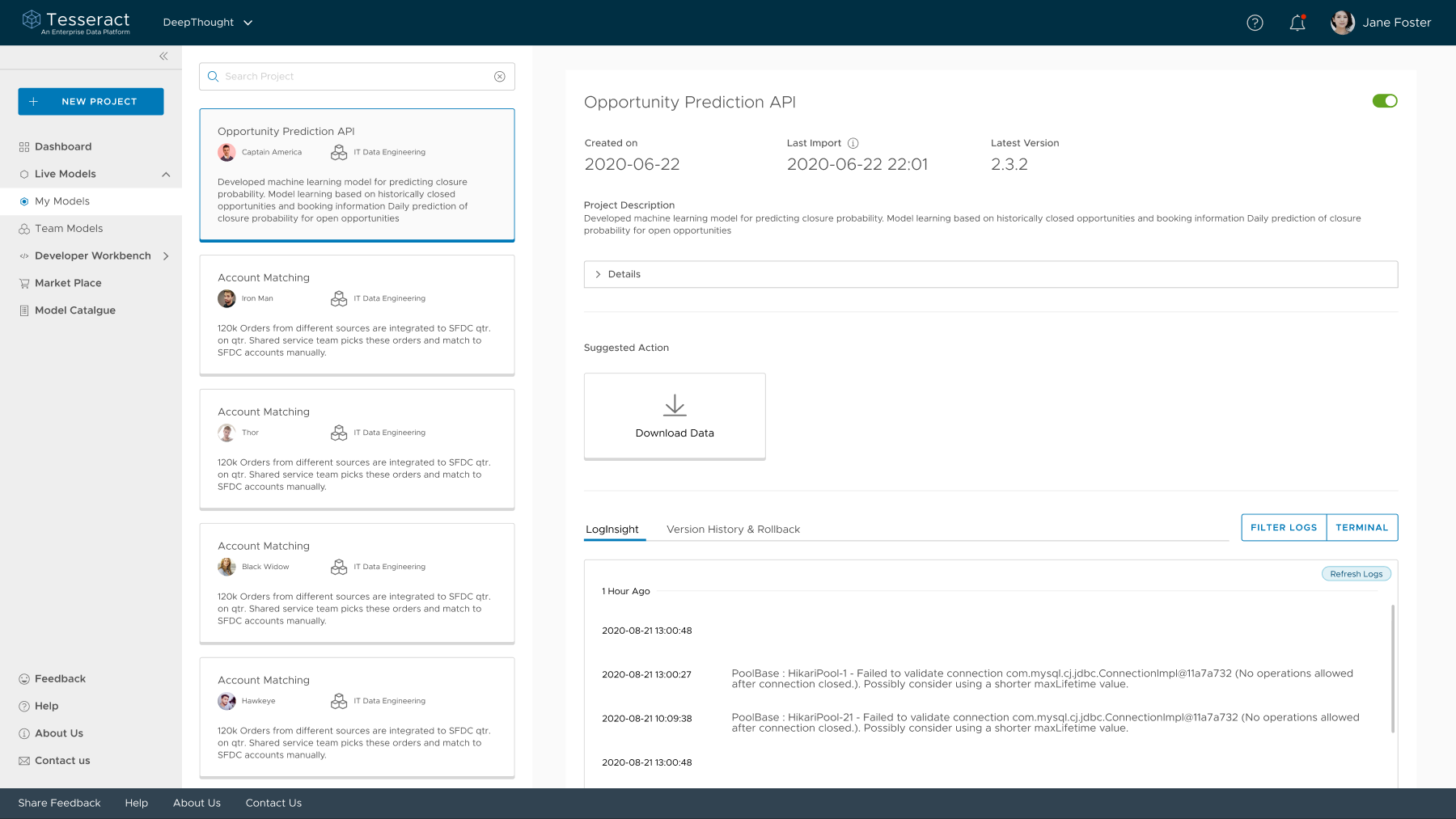 DeepThought project detail for Opportunity Prediction API, showing version info and a live log stream
